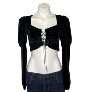 REHAB LAB Velvet Crop Top Long Sleeves Tie Lace Front Black Medium